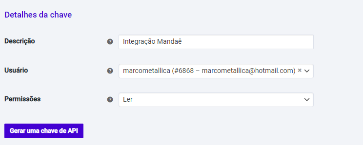 Formulário de criação de chave API