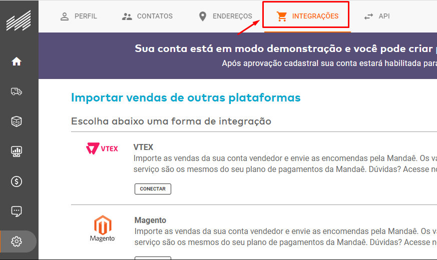 Tela de integrações