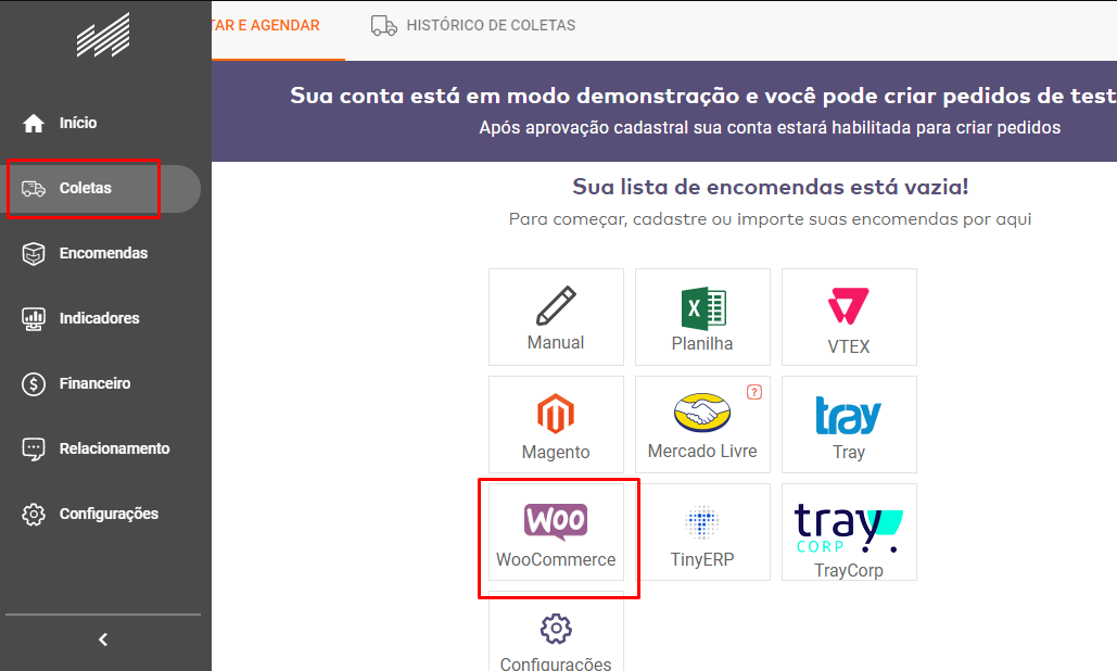 Menu de coletas WooCommerce