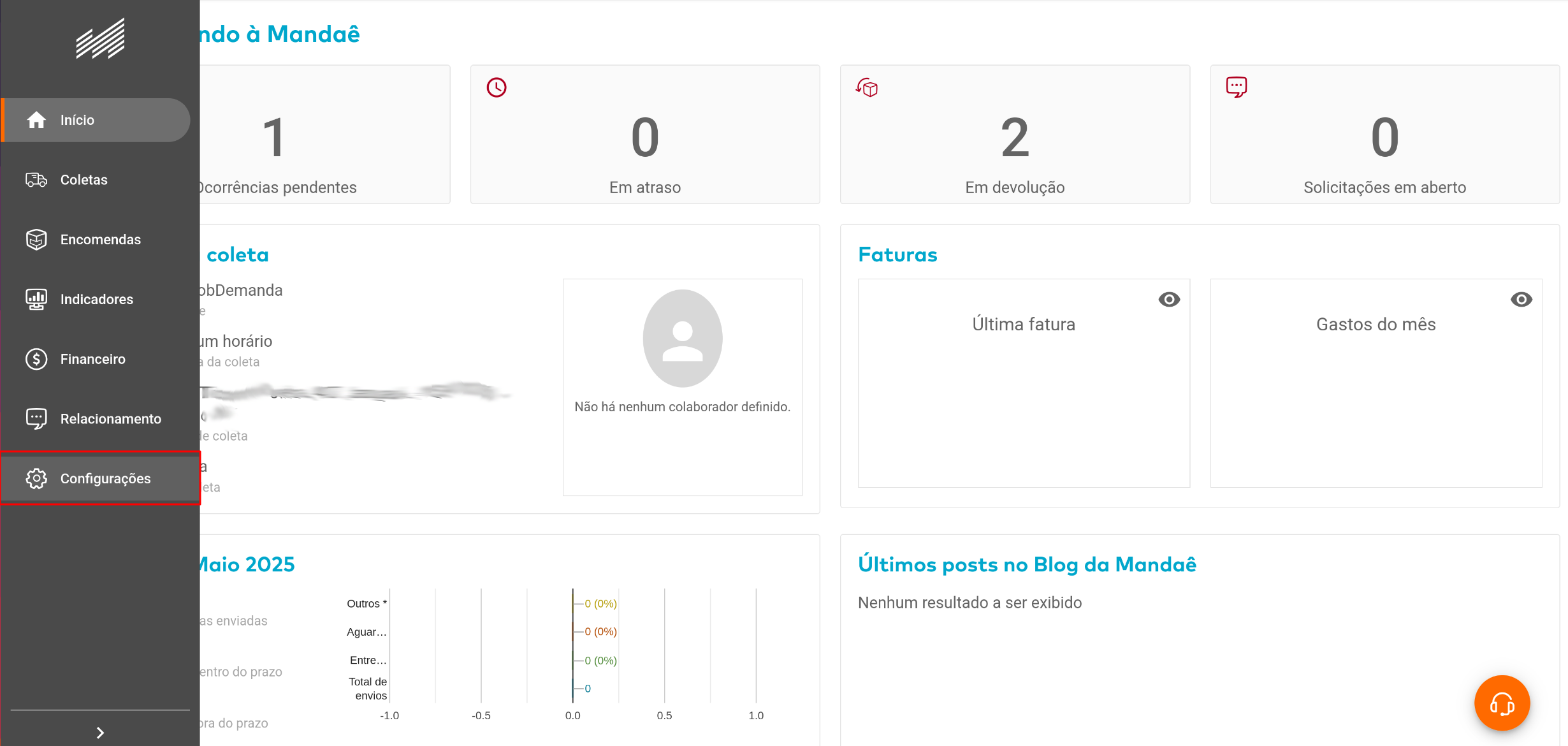 Menu de configurações da Mandaê