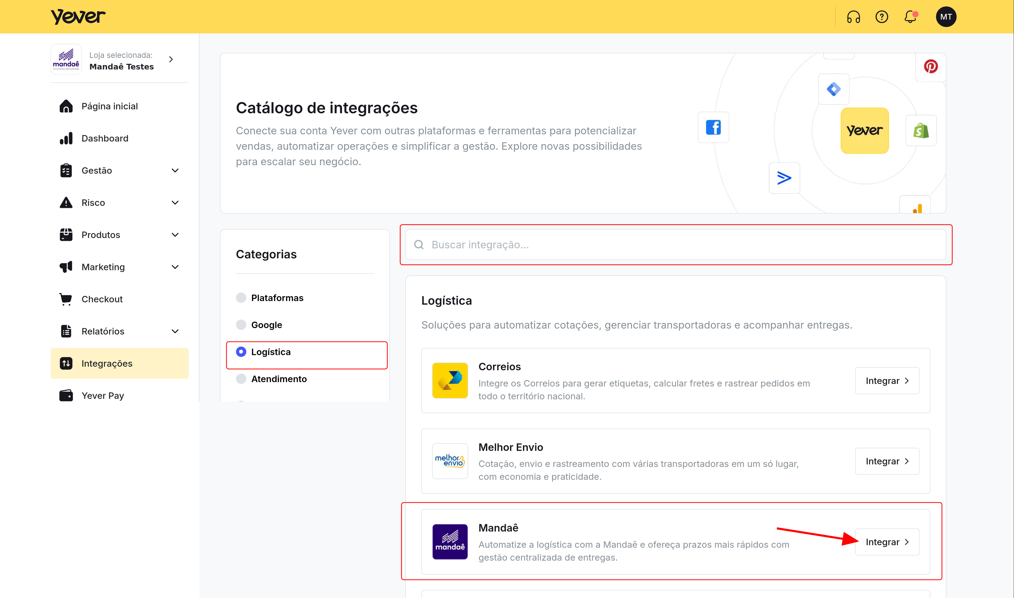 Selecione a categoria Logística