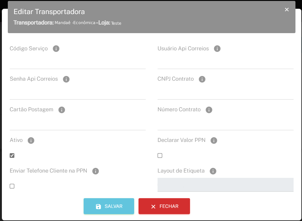 Inserir uma nova conta de integração
