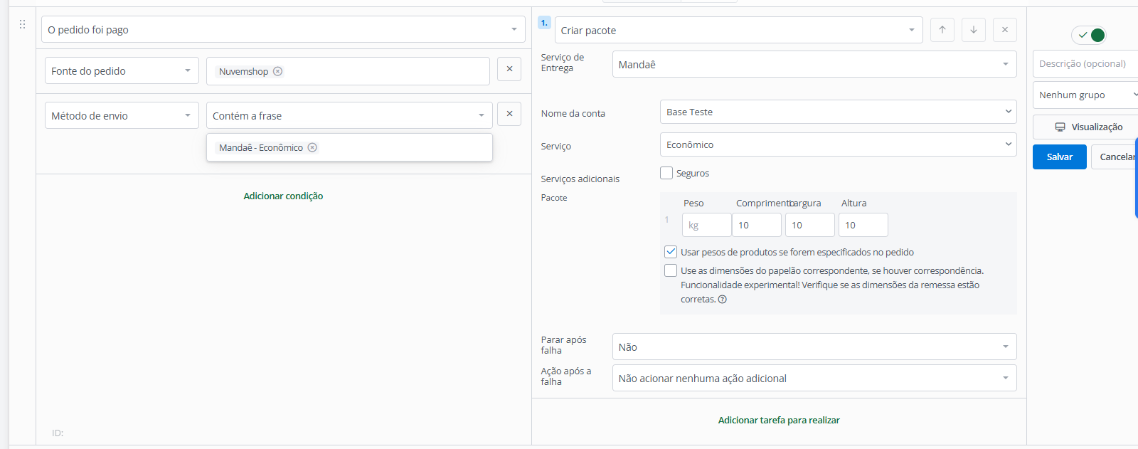 Configurações de envio 2