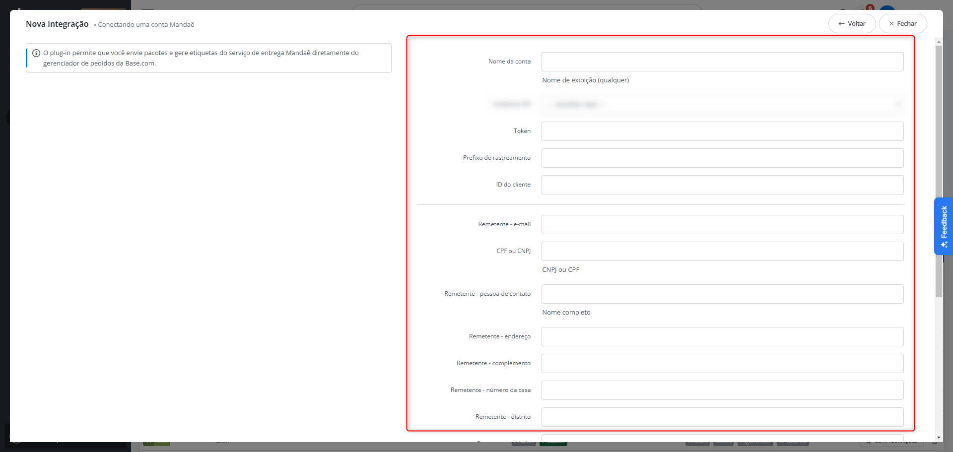 Tela inicial Base.com, menu integrações