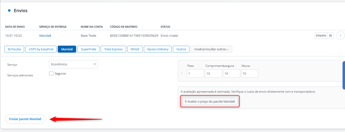 Configurações de envio
